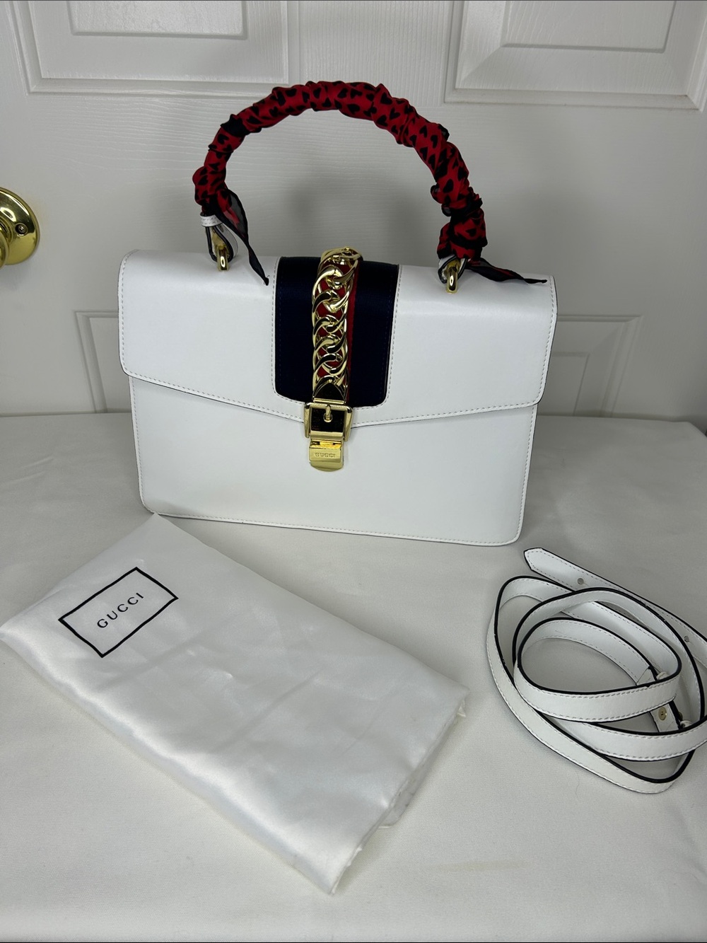Fashion Inspired White Top-Handle Satchel with Gold Chain Accent